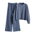 thumbnail image 1 of longantii Women’s 2 Piece Cable Knit Sweater Outfit Fall Winter Long Sleeve Crewneck Sweater & Wide Leg Trousers Warm Cozy Loungewear Casual Daily Wear Knit Set Blue, 1 of 9