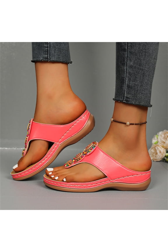 Women's Boho Beaded Flip Flop Wedges, Platform Thong Sandals, Comfortable Open Toe Dressy Summer Walking Slides for Beach & Casual Wear Pink US-5.5（CN-36）
