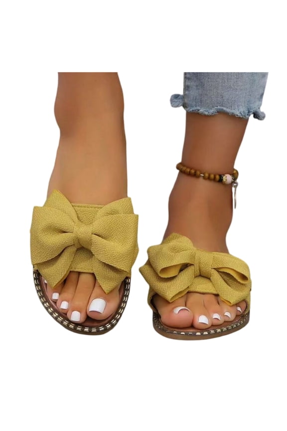 Women's Bow Knot Slides Open Toe Flat Sandals Summer Slip On Slippers Yellow