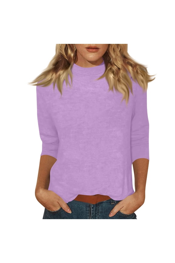 Women's Casual 3/4 Sleeve T-Shirts Mock Neck Cute Tunic Tops Basic Tees Blouses Loose Fit Pullover Light Purple L