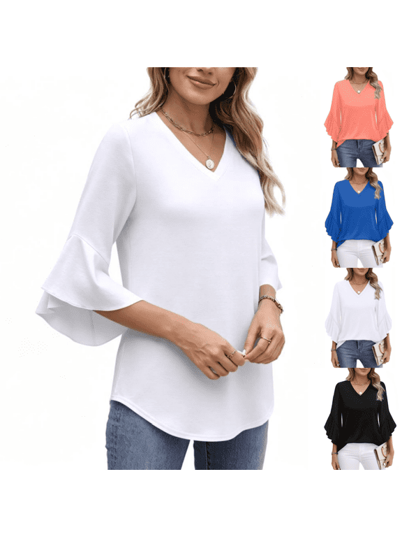 Women's Casual Blouses Dressy 3/4 Sleeve V Neck Shirts Relaxed Fit Ruffled Sleeve Tops Spring Fall Daily Pullover White XL