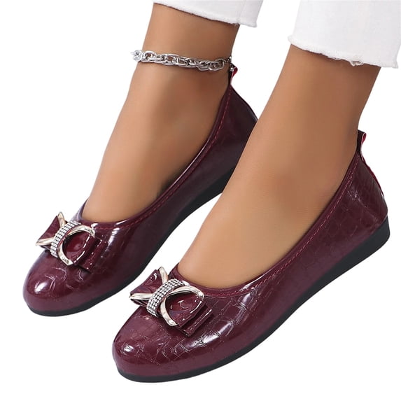 longantii Women's Casual Flat Loafers Breathable Perforated Round Toe Slip On Shoes with Bow Rhinestone Comfort Wedge Heel Dress Flats for Spring Summer Work