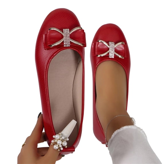 longantii Women's Casual Flat Loafers Breathable Perforated Round Toe Slip On Shoes with Bow Rhinestone Comfort Wedge Heel Dress Flats for Spring Summer Work