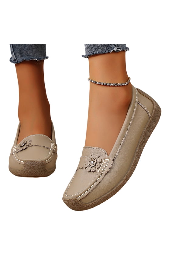 Women's Casual Loafers Slip On Bow Wedge Driving Loafers Comfortable Leather Outdoor Walking Flat Shoes Flat Boat Shoes Khaki