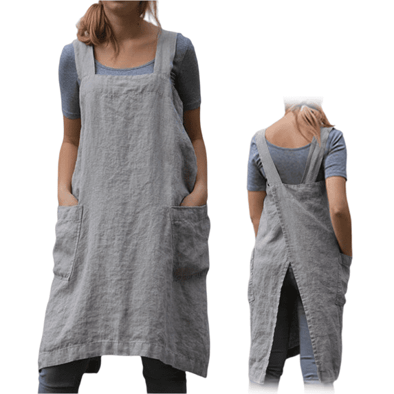 longantii Cotton Linen Pinafore Apron for Women Cross Back Design With Storage Pockets For Kitchen Home Work