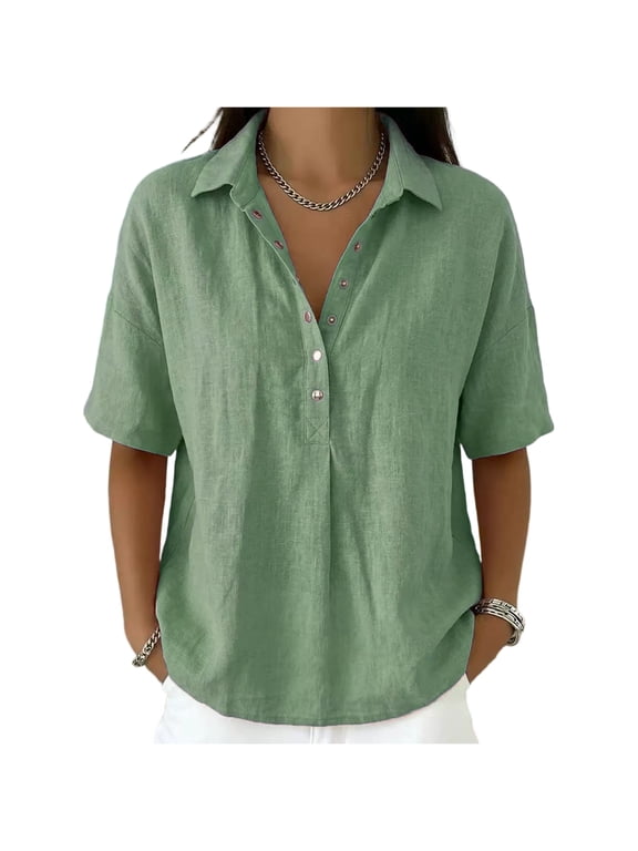 Women’s Cotton Linen Polo Shirt Casual Short Sleeve Gauze Shirts Short Sleeve Button Down Shirts Summer Blouses Top Light Green L