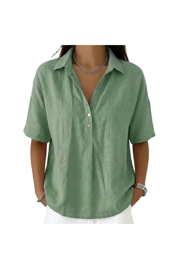 Women’s Cotton Linen Polo Shirt Casual Short Sleeve Gauze Shirts Short Sleeve Button Down Shirts Summer Blouses Top Light Green XL