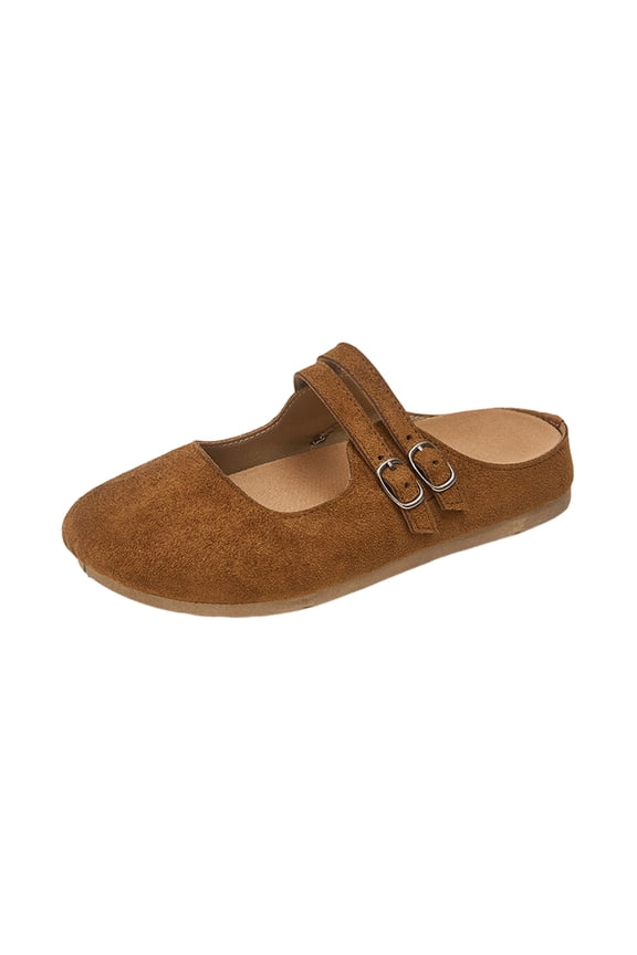 Women's Faux Suede Double Buckle Mules, Round Toe Closed Toe Clogs with Adjustable Strap, Comfortable Slip-On Flats for All Season Brown