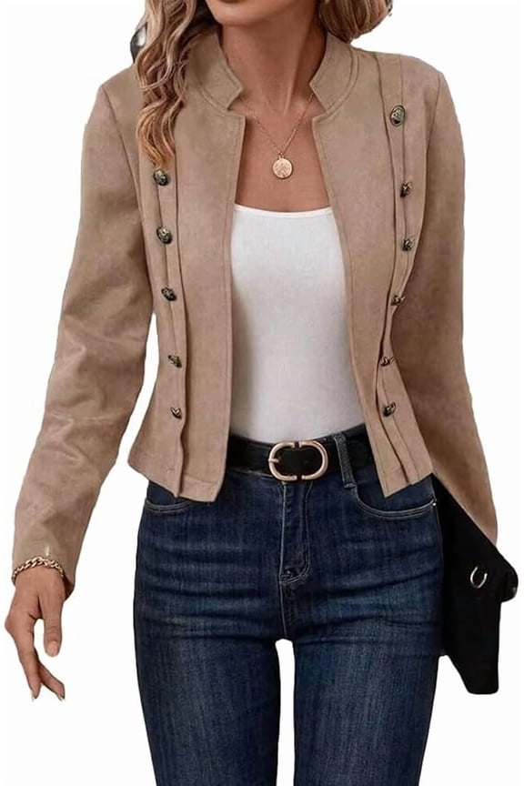 Women's Faux Suede Jackets Casual Stand Collar Double Breasted Cropped Blazer Long Sleeve Open Front Jacket Coat Fashion Business Suit 2025 Fall Winter Light Brown M