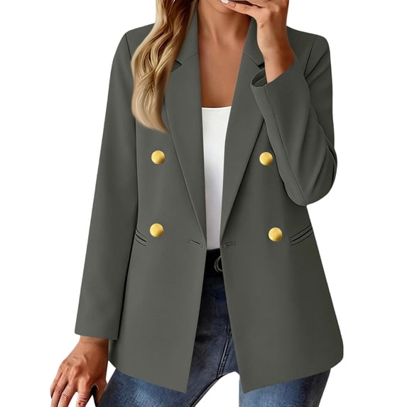 longantii Women's Formal Blazers Long Sleeve Notch Lapel Jackets Double Breasted Office Suit Spring Fall Outfit with Pockets Gray S