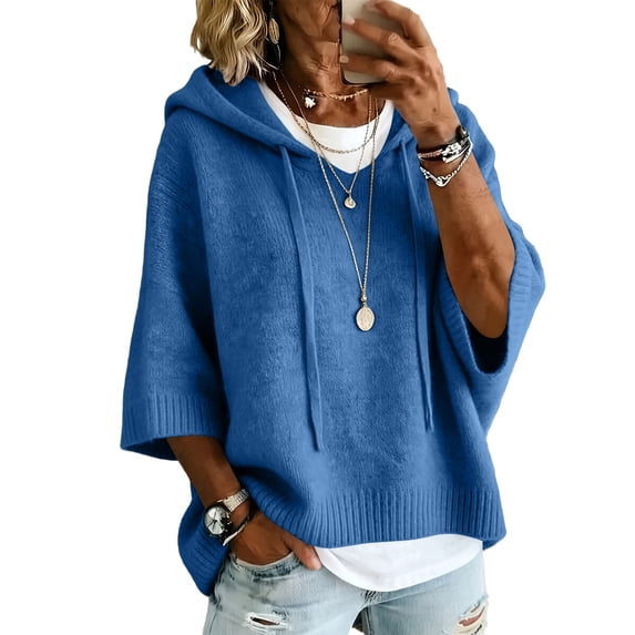 longantii Women's Hooded Knit Tops Soft Solid Color Drawstring Pullover Relaxed 3/4 Sleeve Oversized Knit Sweaters Daily Autumn Casual Loungewear Shirts Blue S