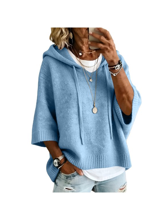 Women's Hooded Knit Tops Soft Solid Color Drawstring Pullover Relaxed 3/4 Sleeve Oversized Knit Sweaters Daily Autumn Casual Loungewear Shirts Blue L