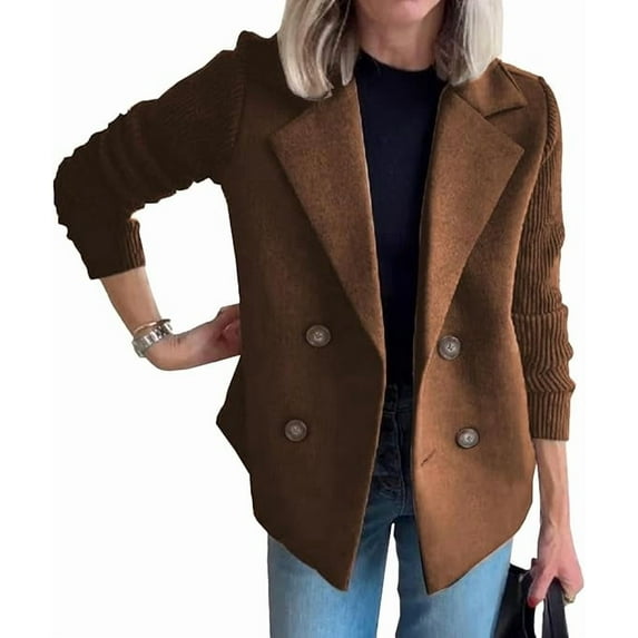 longantii Women's Lapel Button Knitted Patchwork Sleeve Casual Coat Cropped Double Breasted Pea Blazer Sweater Lightweight Business Jacket Coats Coffee XXL
