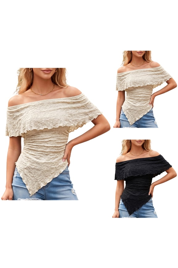 Women's Off Shoulder Tops Flowy Asymmetrical Hem T-Shirts Modern Fit Ruffled Y2k Blouse Summer Spring Tops for Vacation White M