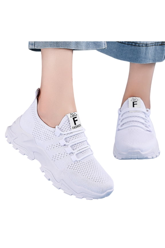 Women's Orthopedic Breathable Fly-Woven Sneakers Thick Sole Non Slip Comfortable Shock Absorbing Mesh Casual Walking Shoes for Daily Wear White