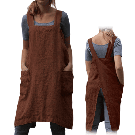 longantii Women's Pinafore Apron Cross Back Apron with Pockets Cotton Linen Apron Dress Plus Size Brown L