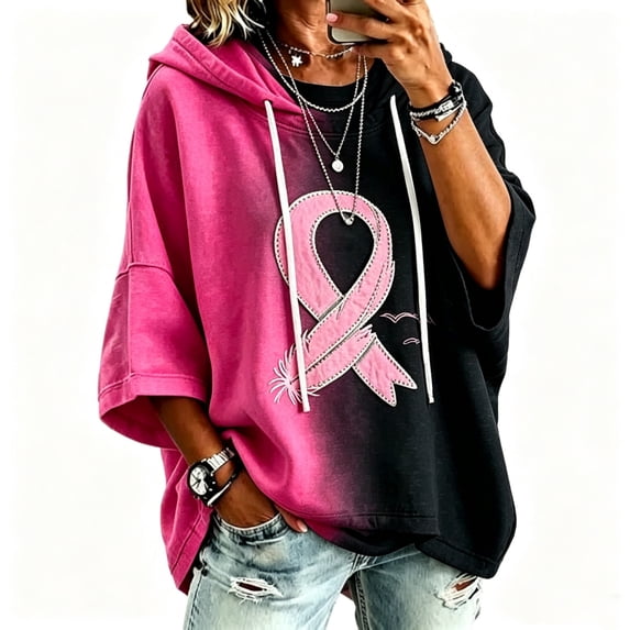 longantii Women's Pink Ribbon Breast‑Cancer Awareness Hoodie 3/4 Sleeve Drawstring Oversized Loose Fit Pullover Casual Fall Support Sweatshirt
