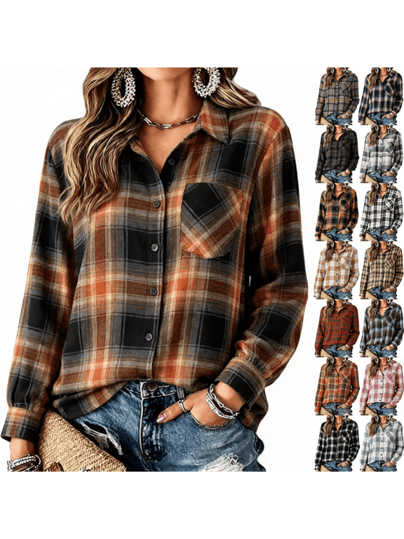 Women's Plaid Flannel Shirt Long Sleeve Collared Button Down Top Fall Western Going Out Cowgirl Blouse Fashion Colorful Plaid Shirt Orange S