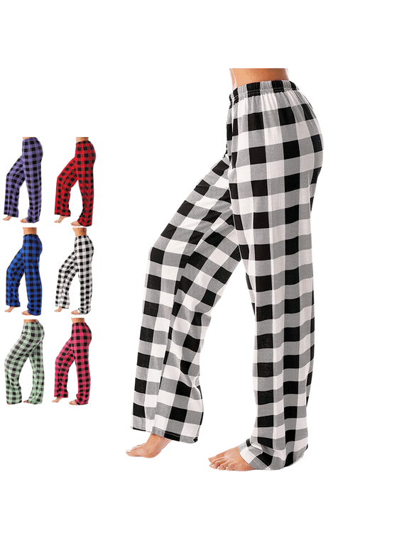 Women's Plaid Pajama Pants Loose Fit No Drawstring Home Trousers Fall Winter Straight Leg Lounge Bottoms Casual Lightweight Loungewear Pants