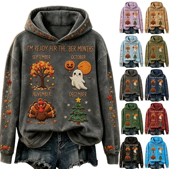 longantii Women's I'm Ready for The BER Months Hoodie, Fall Long Sleeve Hooded Sweatshirt, Casual Thanksgiving Print Pullover Top, Soft Comfortable Women's Sweatshirt