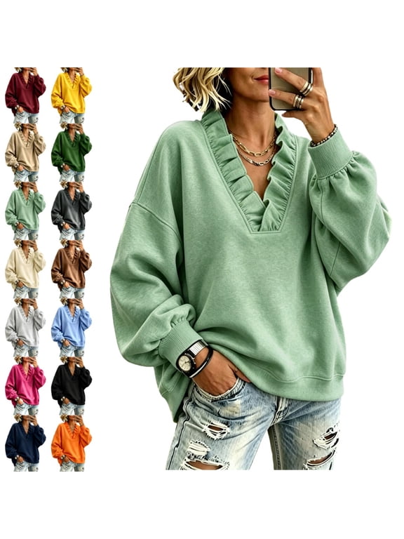 Women's Ruffled V Neck Sweatshirt Solid Oversized Fleece Pullover Lantern Long Sleeve Casual Loose Going Out Top for Fall Daily & Lounge Wear