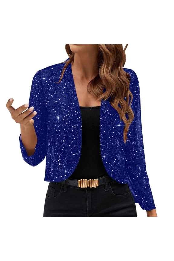 Women's Sequin Cardigan Dressy 3/4 Sleeve Open Front Party Sparkly Cropped Coats Glitter Shiny Casual Thin Jackets Dark Blue S