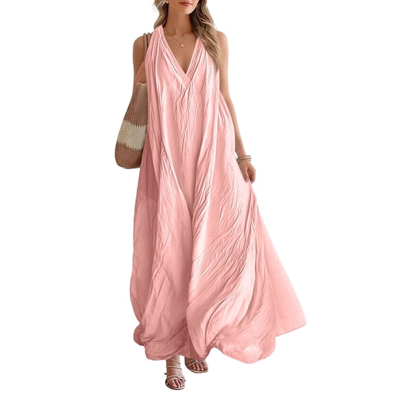 longantii Women's Sleeveless Halter V Neck Maxi Dress Casual Loose Boho Flowy Summer Beach Vacation Long Dress Pink L