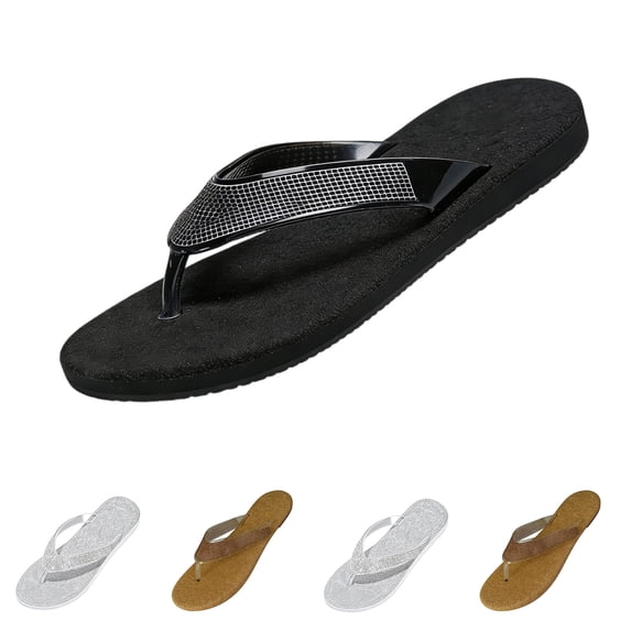 longantii Women's Summer Fancy Style Rhinestone-Design Open Toe Herringbone Slippers, Bling-Bling Flat Beach Flip Flops Black