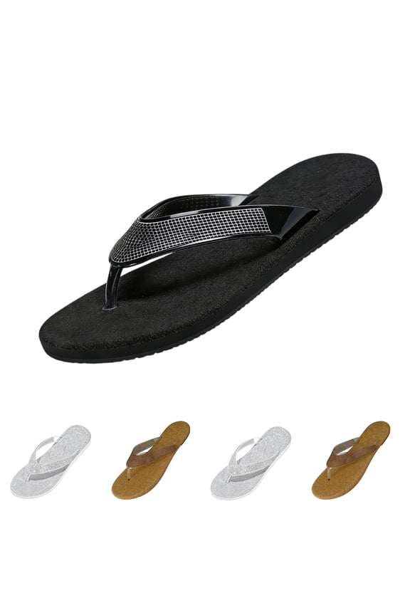 Women's Summer Fancy Style Rhinestone-Design Open Toe Herringbone Slippers, Bling-Bling Flat Beach Flip Flops Black