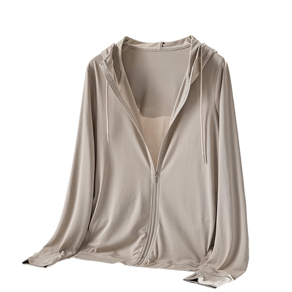 longantii Women's Sun Hoodies Lightweight Jacket for Women Zip Up UPF 50+ UV Shirt Long Sleeves Light Brown XXXL