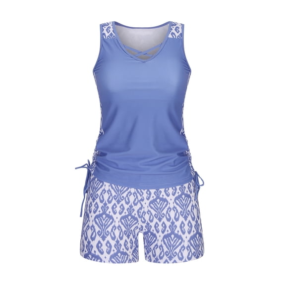 longantii Women's Tummy Control Tankini Set with Built-in Bra, Flattering Boho Swimwear with Shorts Plus Size Swimsuit Blue M