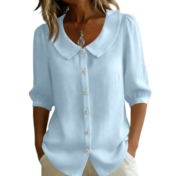 longantii Women's Vintage Peter Pan Collar Shirt Dressy Casual Button Down Shirts 3/4 Sleeve Loose Fit Womens Work Tops Summer Business Outfits 2026 Light Blue XL
