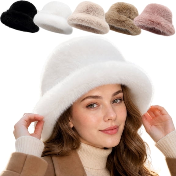 longantii Women's Winter Faux Fur Bucket Hat, Soft Fluffy Warm Cap, Cute Outdoor Hat for Women, Cozy Windproof Winter Accessory