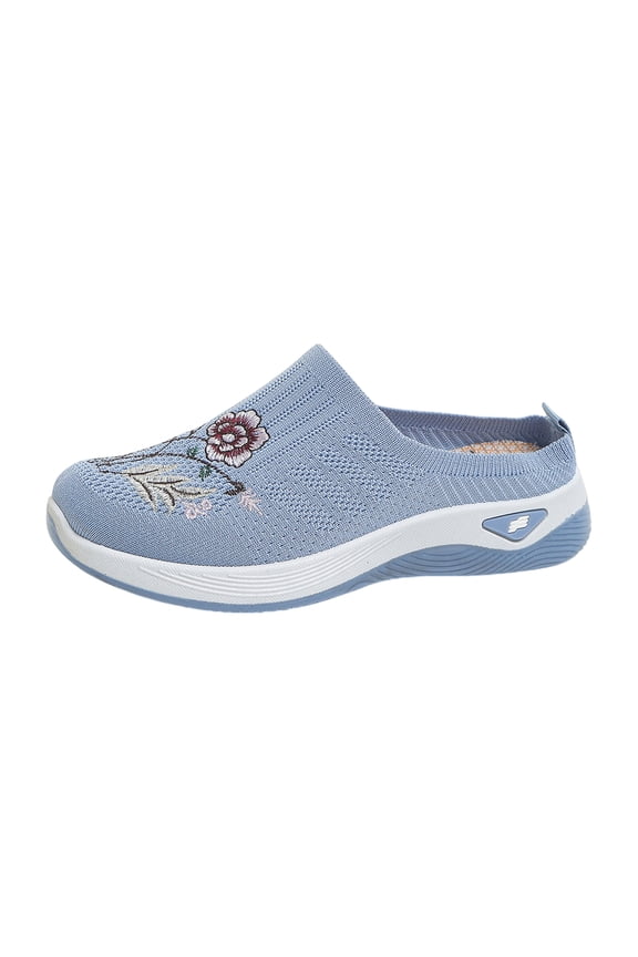 Women's Woven Orthopedic Breathable Flower Embroidered Soft Shoes Arch Support, Diabetes Sneakers Walking Anti-Skid Non Slip Mesh Slippers Light Blue