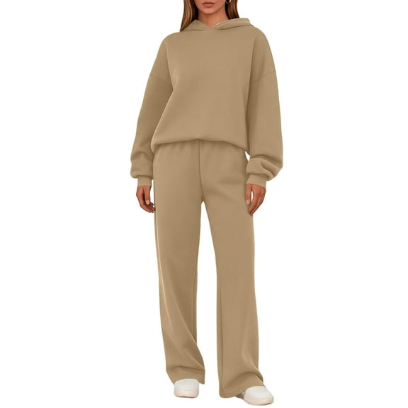 longantii Womens 2 Piece Outfits Lounge Comfy Hoodie Sweatsuit Sets Straight Leg Sweatpants Fall Fashion Travel Airport Outfits Khaki S