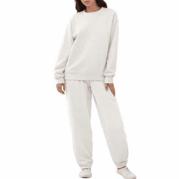 longantii Womens 2 Piece Oversized Sweatsuit Long Sleeve Crewneck Comfy Baggy Sweatpants Casual Lounge Jogging Tracksuit Outfits White L