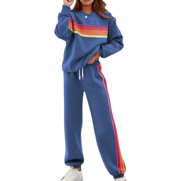 longantii Womens 2 Piece Sets Rainbow Striped Pullover Sweatshirt High Waist Sweatpants Color Blocked Suit Lounge Matching Sweatsuit Blue S
