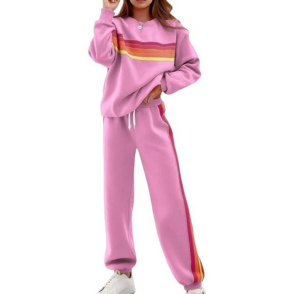 longantii Womens 2 Piece Sets Rainbow Striped Pullover Sweatshirt High Waist Sweatpants Color Blocked Suit Lounge Travel Matching Sweatsuit Pink M