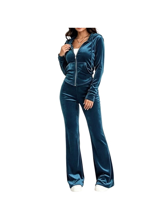 Womens 2 Piece Workout Set Velvet Tracksuit Long Sleeve Zipper Hoodie and Velour Sweatpants Jogging Lounge Suit