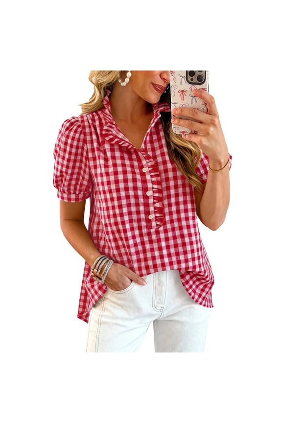 Womens 2026 Puff Short Sleeve Summer Tops Striped Plaid Ruffle Button Down Shirts Business Casual Work Blouse Red L