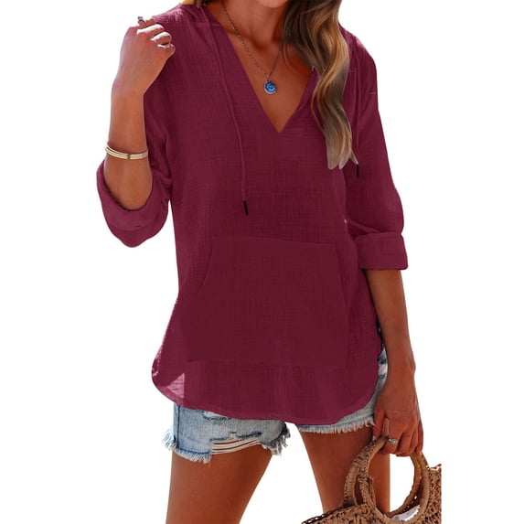 longantii Womens Beach Cover Up Hoodies Long Sleeve V Neck Sweatshirt with Pocketed Breathable Muslin Gauze Hooded Tops Summer Deep Red S