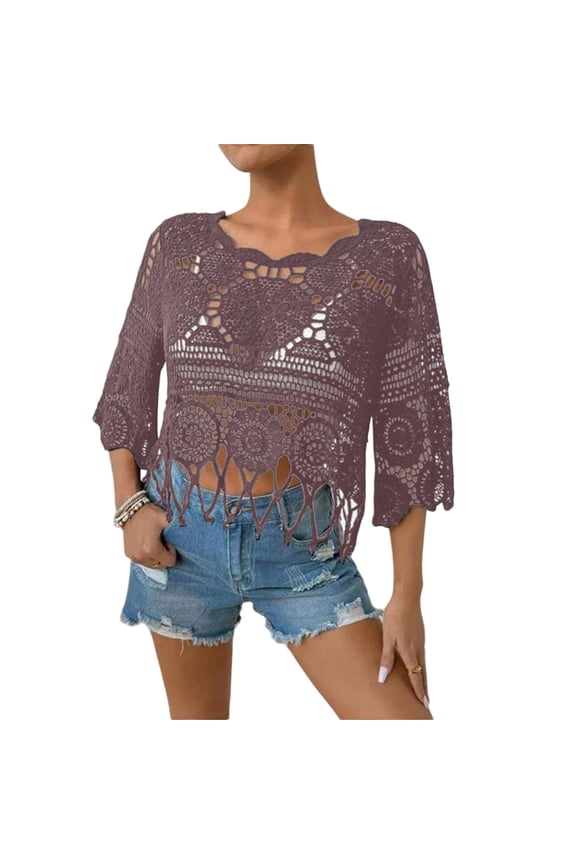 Womens Beach Cover Ups Summer Crochet Knit Round Neck Tops Fringe Trim 3/4 Sleeve Outfit Casual Cropped Going Out Wear Purple 2XL
