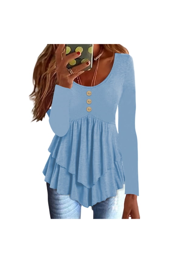Womens Casual Button Up Tops Solid Multi-Layer Ruffle Hem Short Sleeve T-Shirts 2026 Summer Fashion Everyday Wear Blouses Sky Blue M