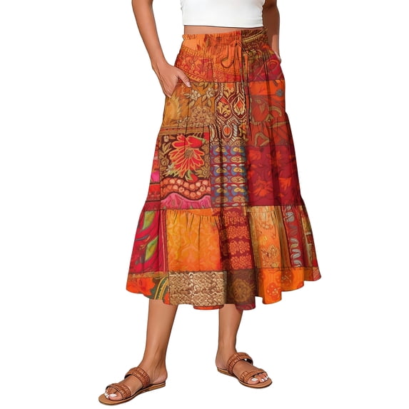 longantii Womens Casual Lightweight Outfits A Line Flowy Ruffled Hem Midi Skirt Drawstring Elastic Waist Skirts with Pockets Green S