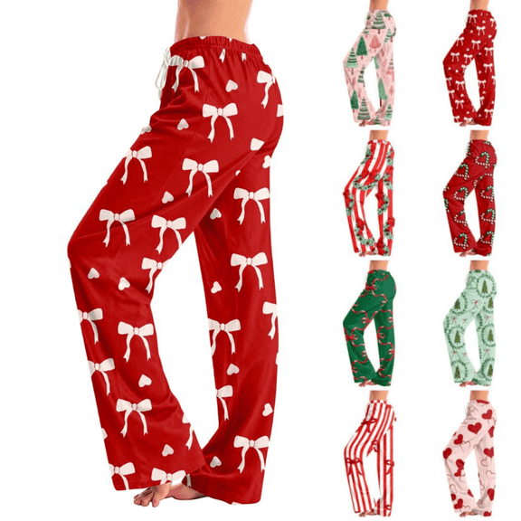 longantii Womens Christmas Pajamas Comfy Wide-Leg Holiday Sleepwear Pull-On Joggers Fall Winter Home Xmas Clothes with Drawstring Red 2XL
