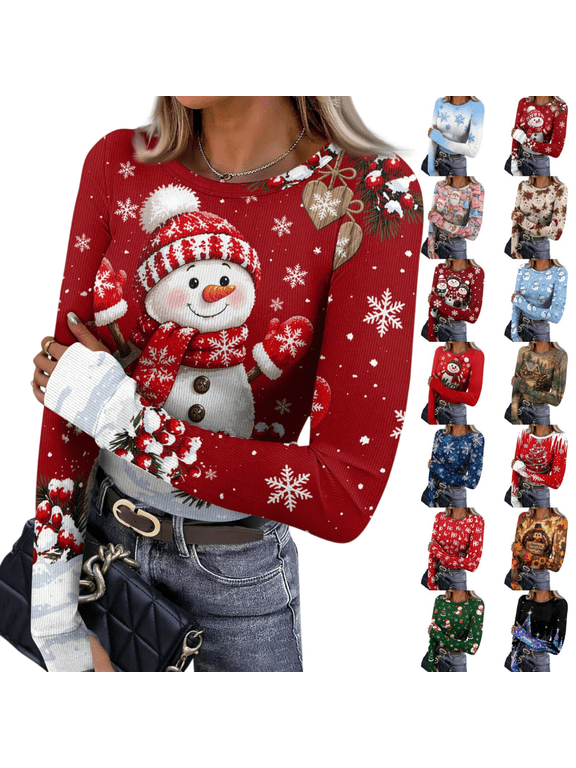 Womens Christmas Underscrub Dressy Long Sleeve Shirt Summer Print Ribbed Tees Classic Fit Crew Neck Indoor Clothing