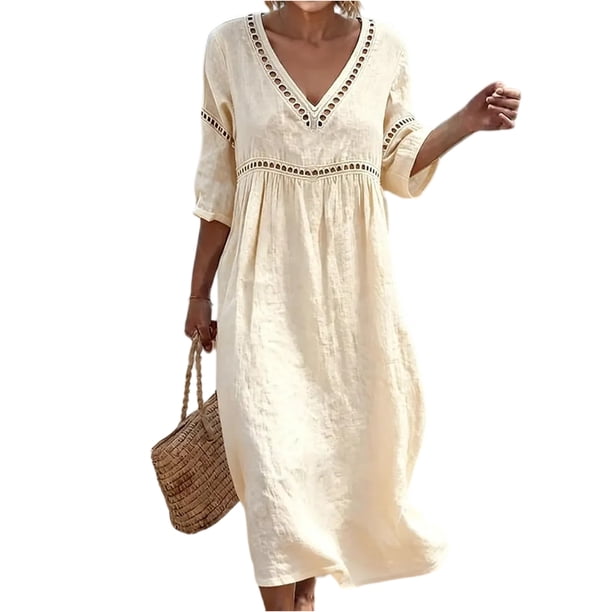 Longantii Womens Cotton Linen Maxi Dress Hollow 3/4 Sleeve Flowy Dresses V Neck Loose Fit Shift Dress 2026 Summer Casual Beach Vacation Dresses Beige
