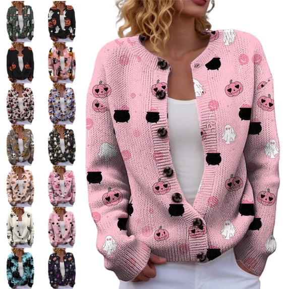 longantii Womens Fall Halloween Cardigan Long Sleeve Button Down Ghost Floral Print Lightweight Knit Outerwear Casual Tops