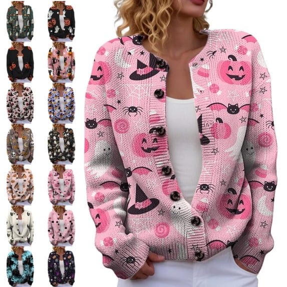 longantii Womens Fall Halloween Cardigan Long Sleeve Button Down Ghost Floral Print Lightweight Knit Outerwear Casual Tops