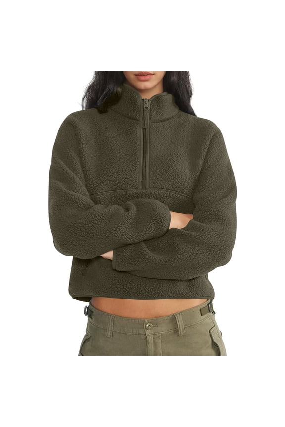 Womens Half Zip Pullover Cropped Sweatshirts Sherpa Fleece Jacket Fuzzy Sweaters Cute Winter Jackets with Pockets Army Green XXXL